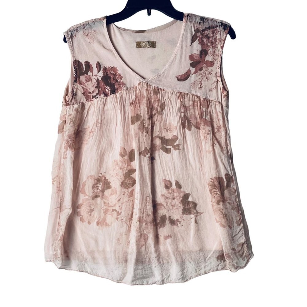 Carla Conti Sleeveless Silk Blouse Women Small Pink Floral Flower V-Neck Lined